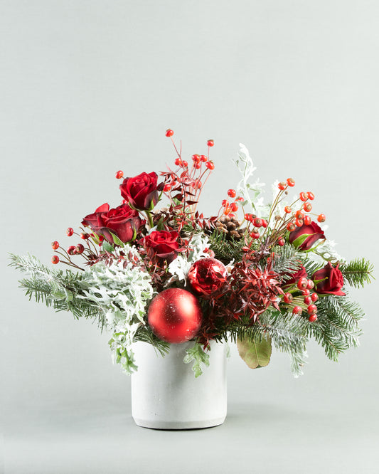 Silver Leafs & Red Roses in Grey Noel Vase