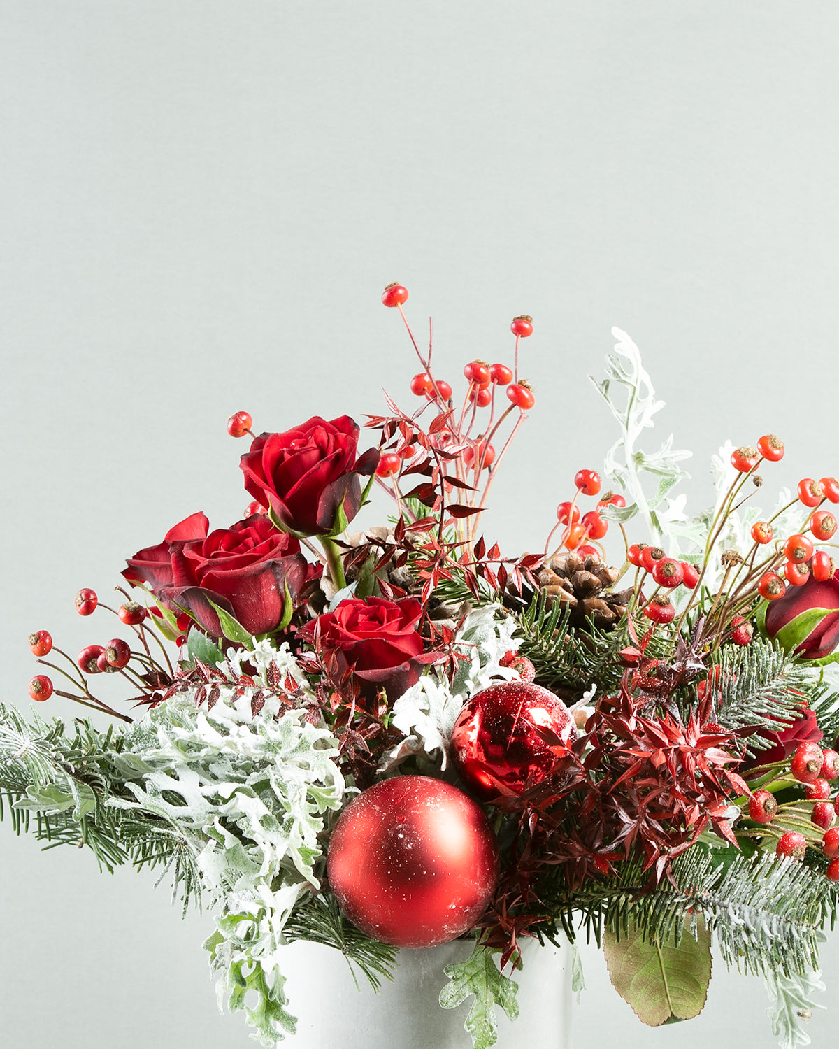 Silver Leafs & Red Roses in Grey Noel Vase