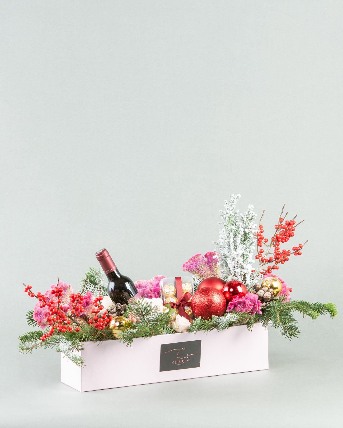 Festive Ilex & Celosia Arrangement with Wine and Chocolate