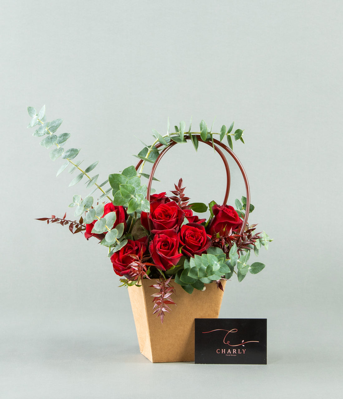 Chic Handbag Floral Arrangement with Roses and Eucalyptus