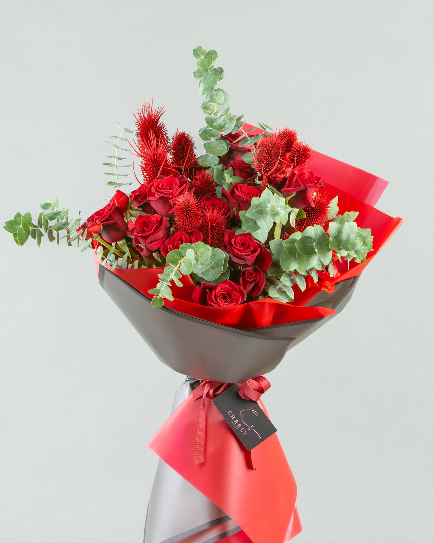 Red Rose and Eucalyptus Bouquet with Painted Dried Flowers