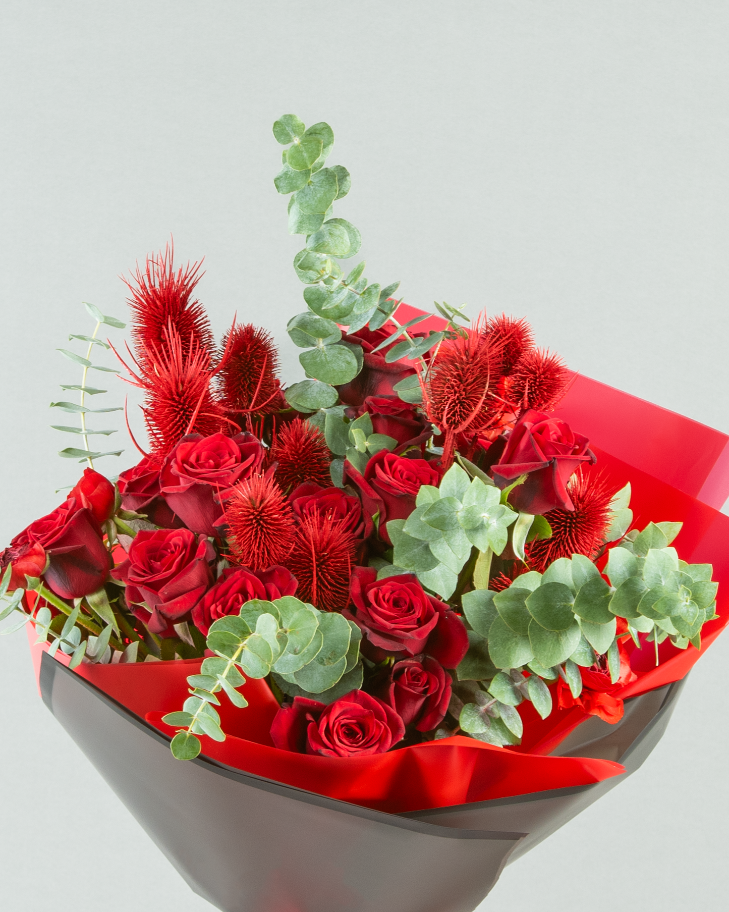 Red Rose and Eucalyptus Bouquet with Painted Dried Flowers