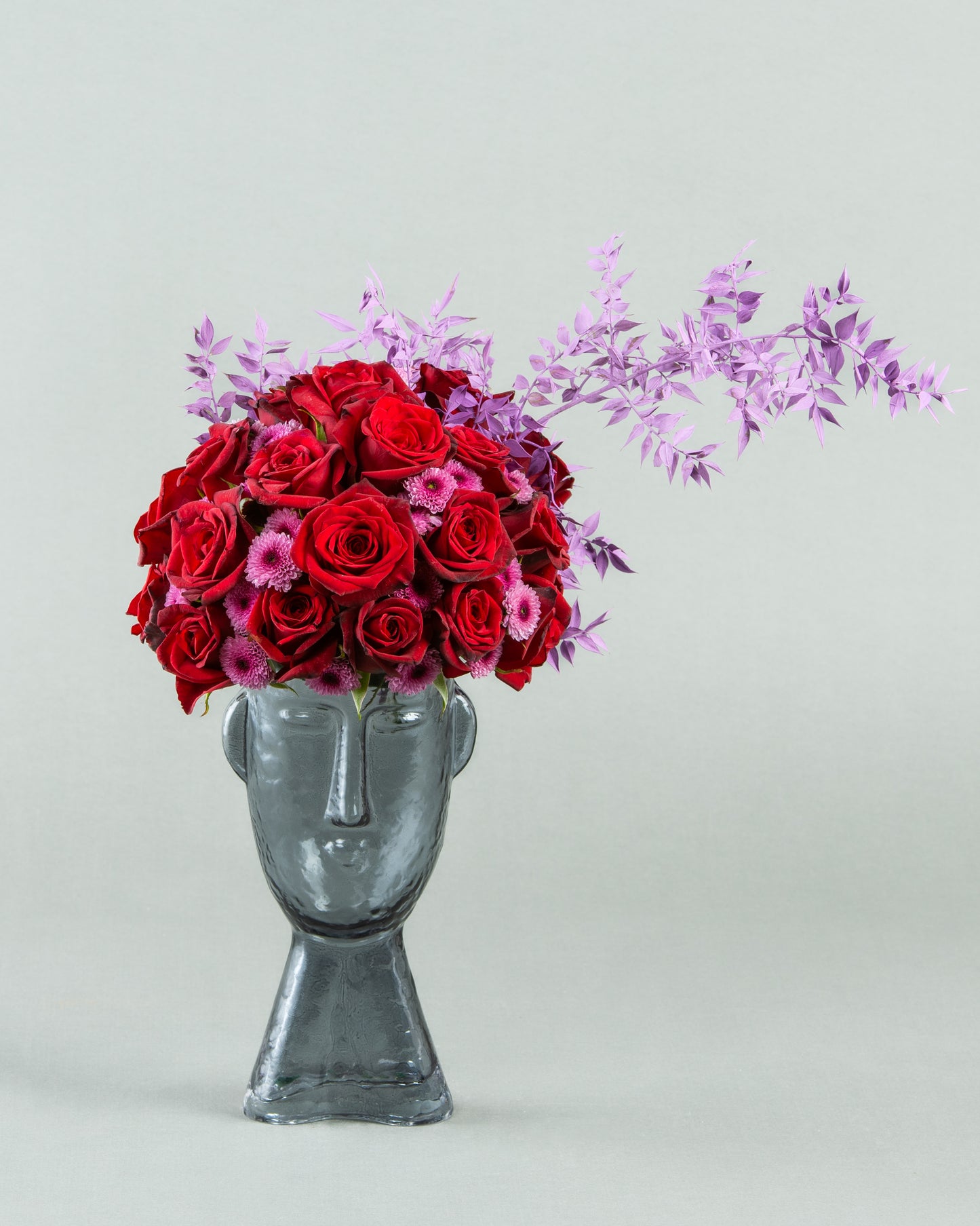 The Face: 30 Red Roses with Lilac Chrysanthemum and Italian Ruscus