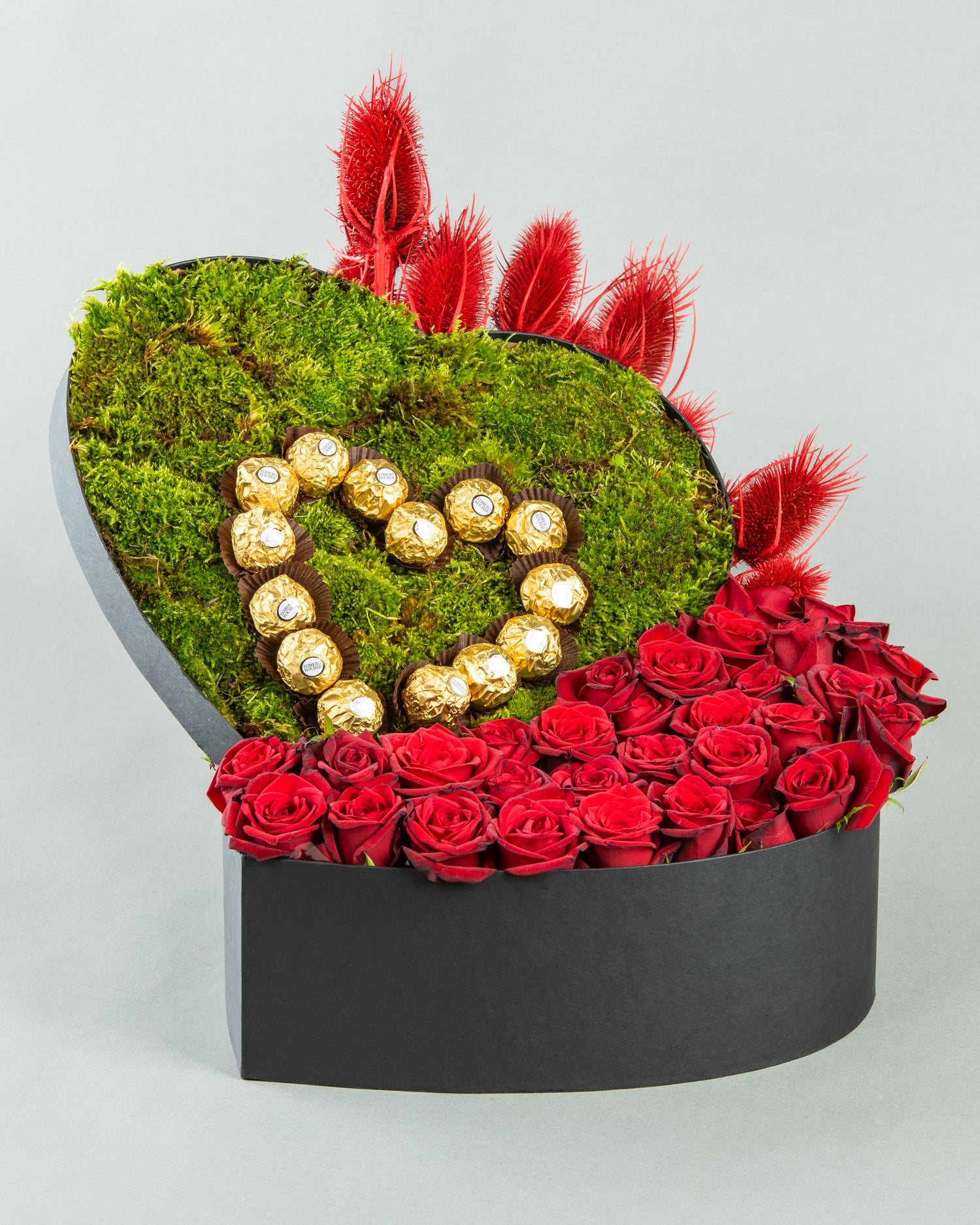 Decadent Delight: 40 Red Roses with Chocolates and Painted Dried Flowers