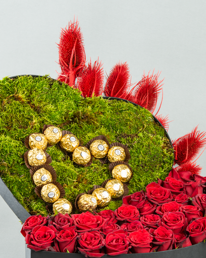 Decadent Delight: 40 Red Roses with Chocolates and Painted Dried Flowers