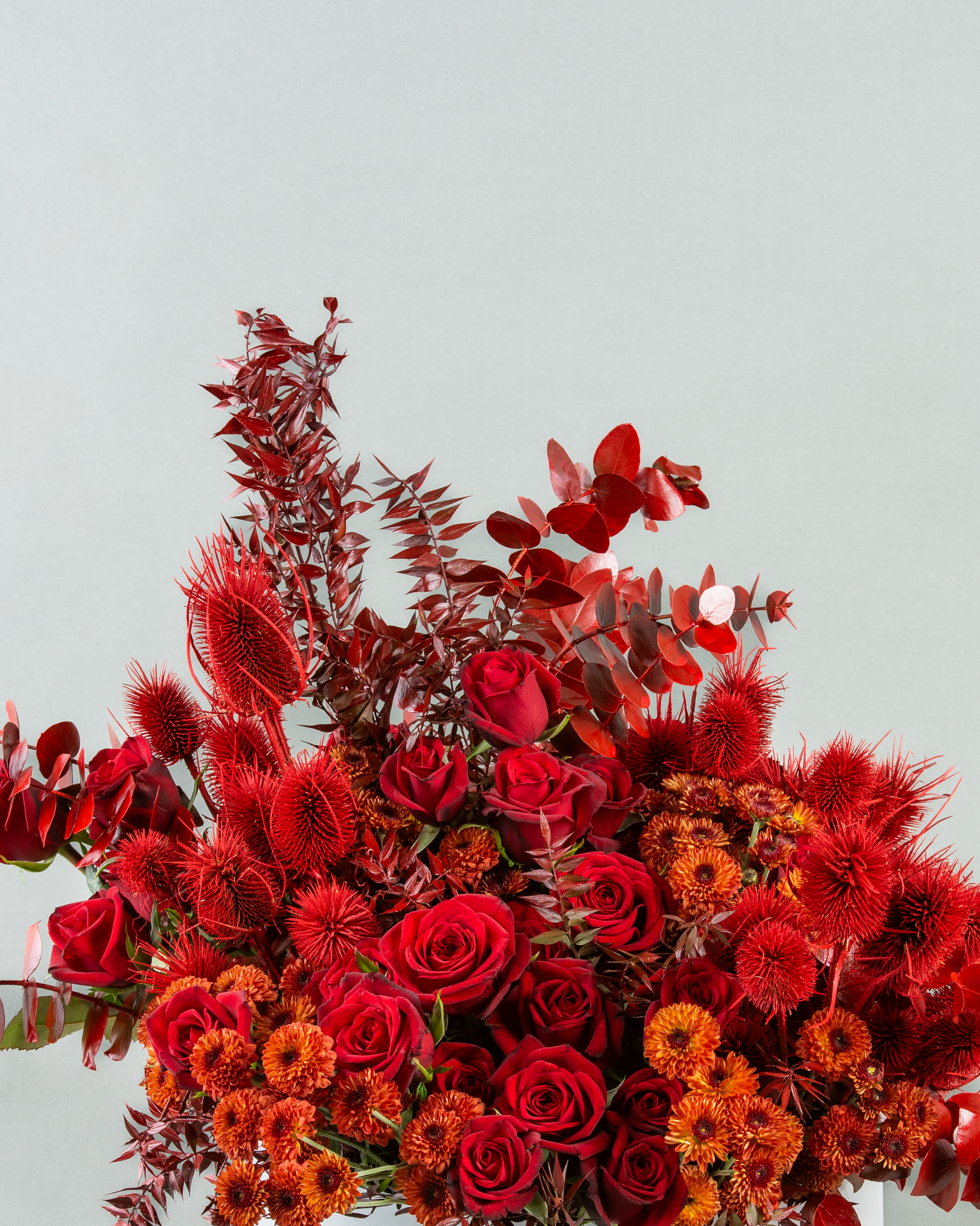 Enchanted Red Rose Garden with Painted Eucalyptus and Accents