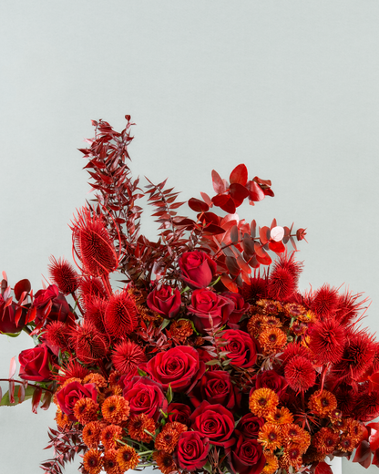 Enchanted Red Rose Garden with Painted Eucalyptus and Accents