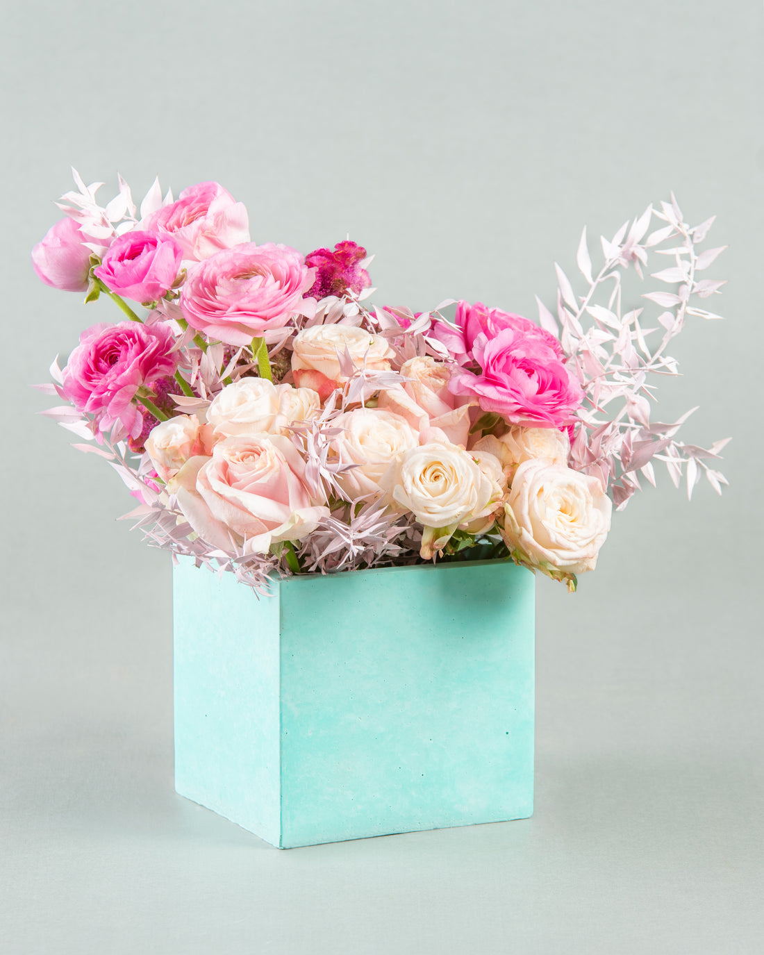 Pastel Perfection: Sweet Flowers &amp; Renoculus in Square Green Concrete Vase