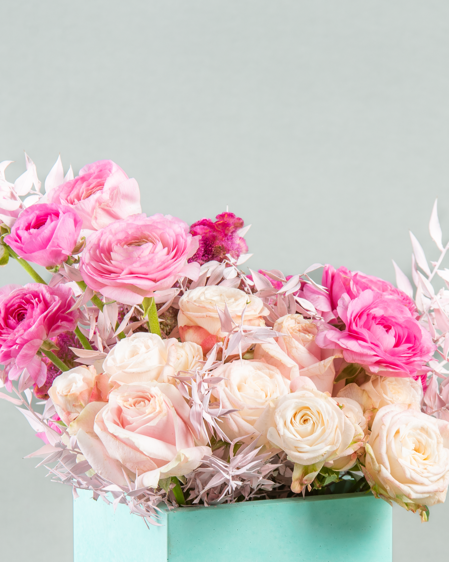 Pastel Perfection: Sweet Flowers & Renoculus in Square Green Concrete Vase