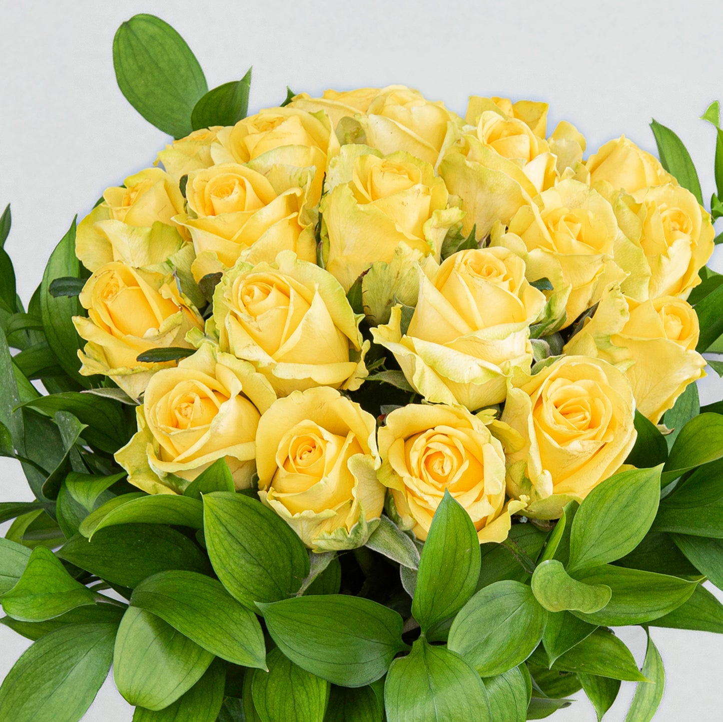 A Bright and Cheerful Bouquet Made From 20 Yellow Roses and Greenery