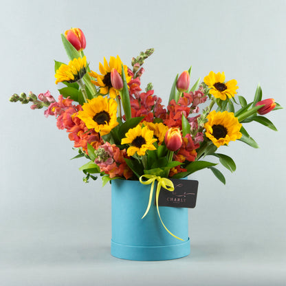 Sunset Glow: Orange Tulips &amp; Sunflower Arrangement in Blue Box