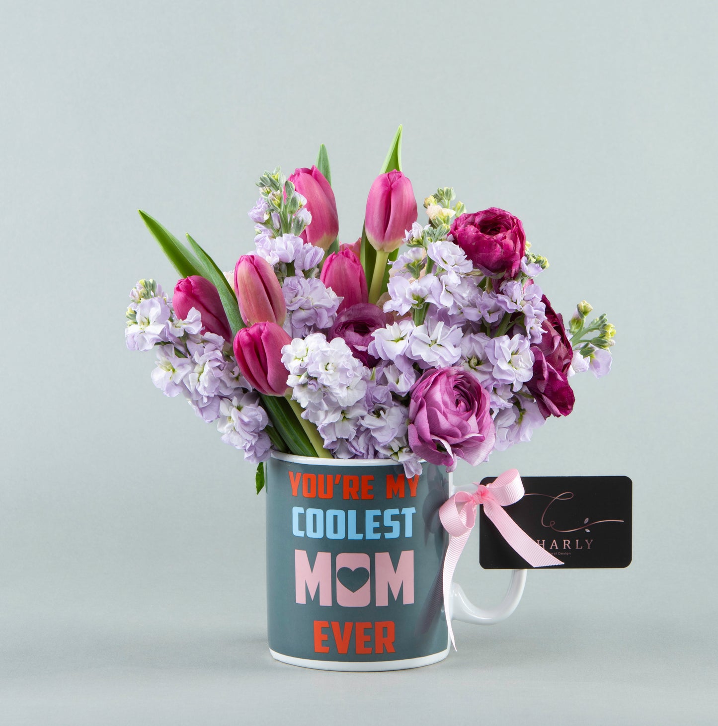 Mother's Day Marvel: Custom Mug with Fuchsia Tulips and Delicate Blooms