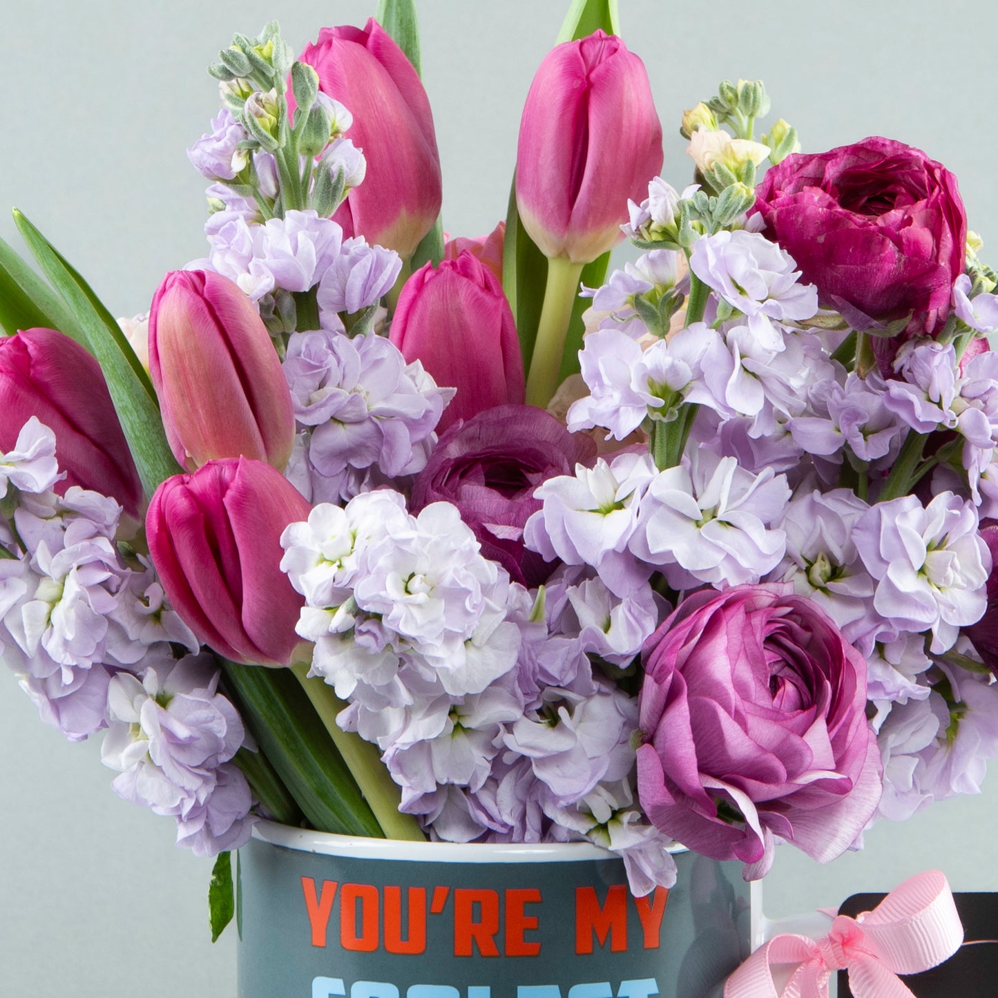 Mother's Day Marvel: Custom Mug with Fuchsia Tulips and Delicate Blooms