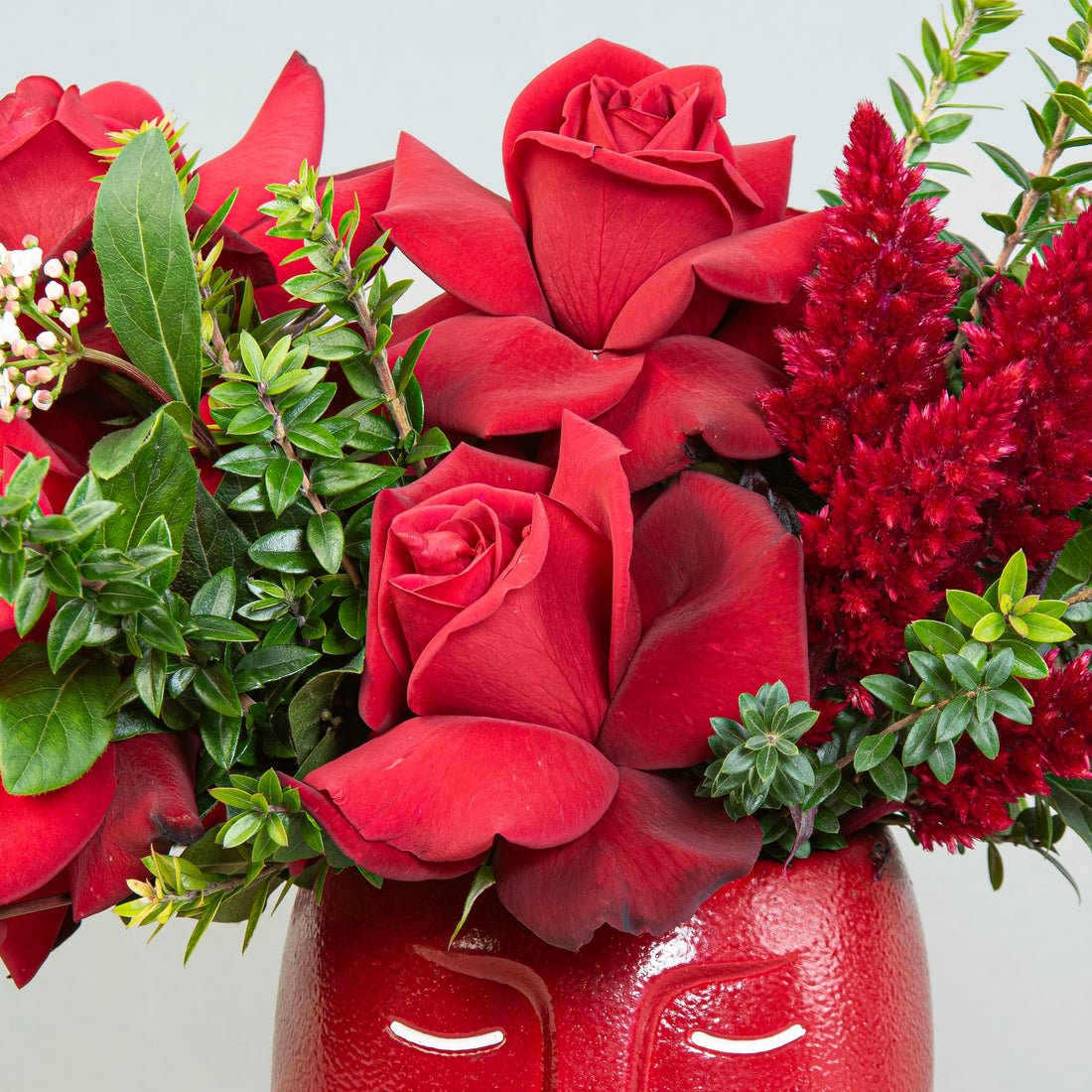 Crimson Contemplation: Red Roses and Celosia in Red Face Pot