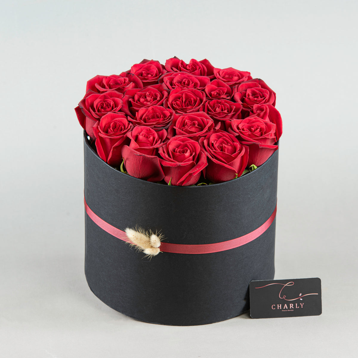 Red Roses Round Box Velvet Romance: Red Roses in Black Round Box – Charly Floral