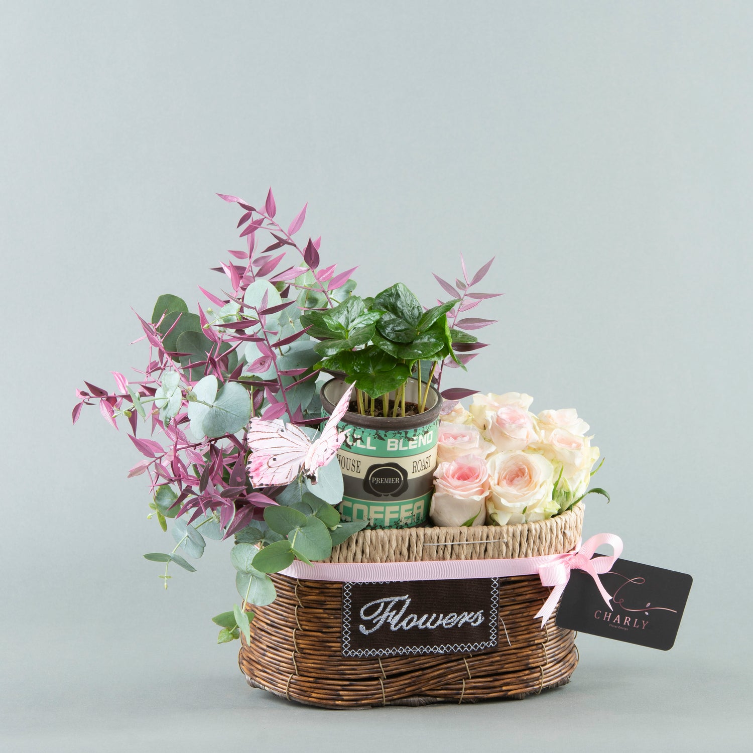 Pastel Harmony: Modern Basket with Coffee Plant and Eucalyptus