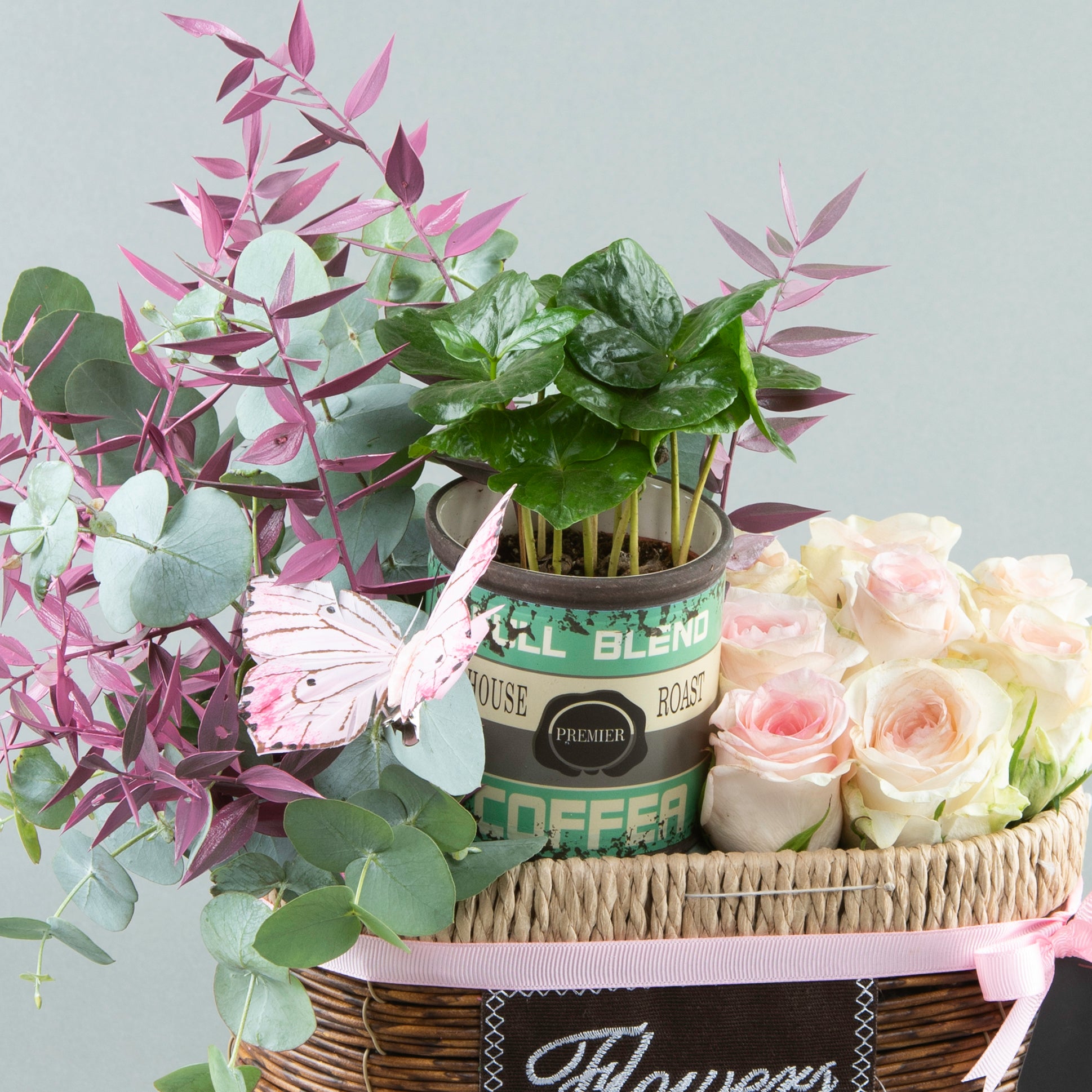 Pastel Harmony: Modern Basket with Coffee Plant and Eucalyptus