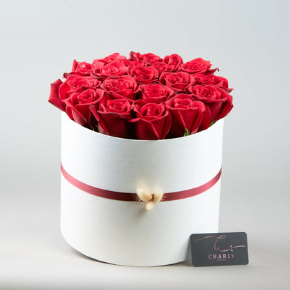 Crimson Charm: Red Roses in White Round Box