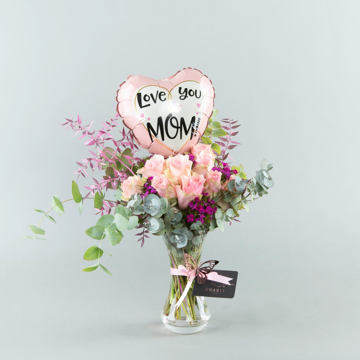 Pastel Embrace: Rona Flared Vase with Love You Mum Balloon