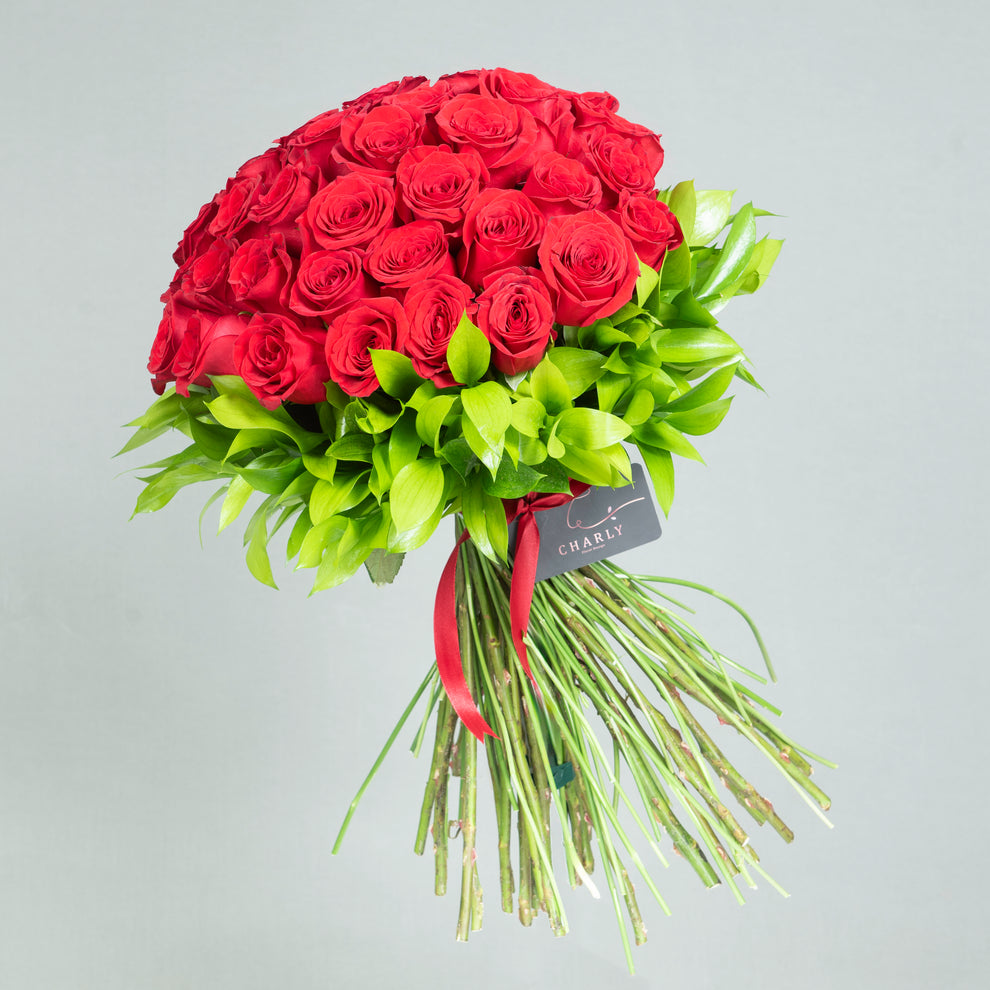 Boundless Love: Three Dozen Red Roses with Greenery – Charly Floral