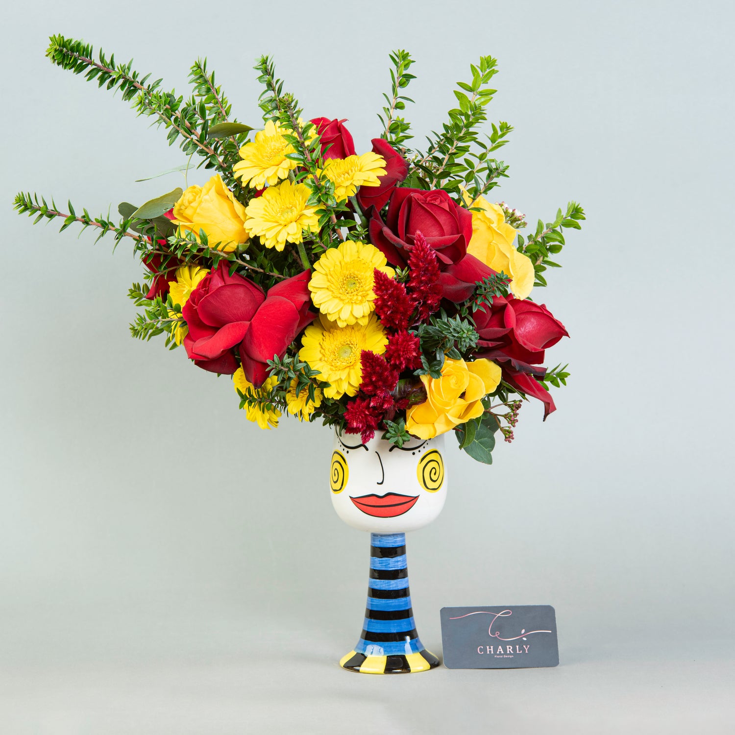 Sunset Fusion: Mixed Roses and Gerberas in Convertible Ceramic Vase