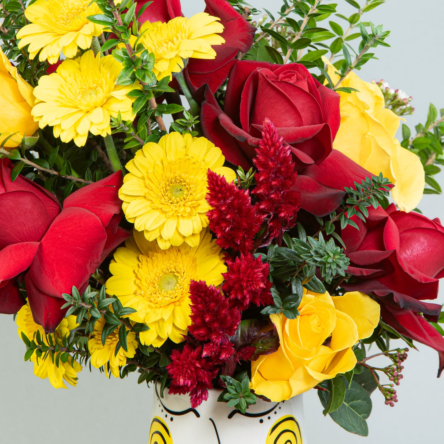 Sunset Fusion: Mixed Roses and Gerberas in Convertible Ceramic Vase