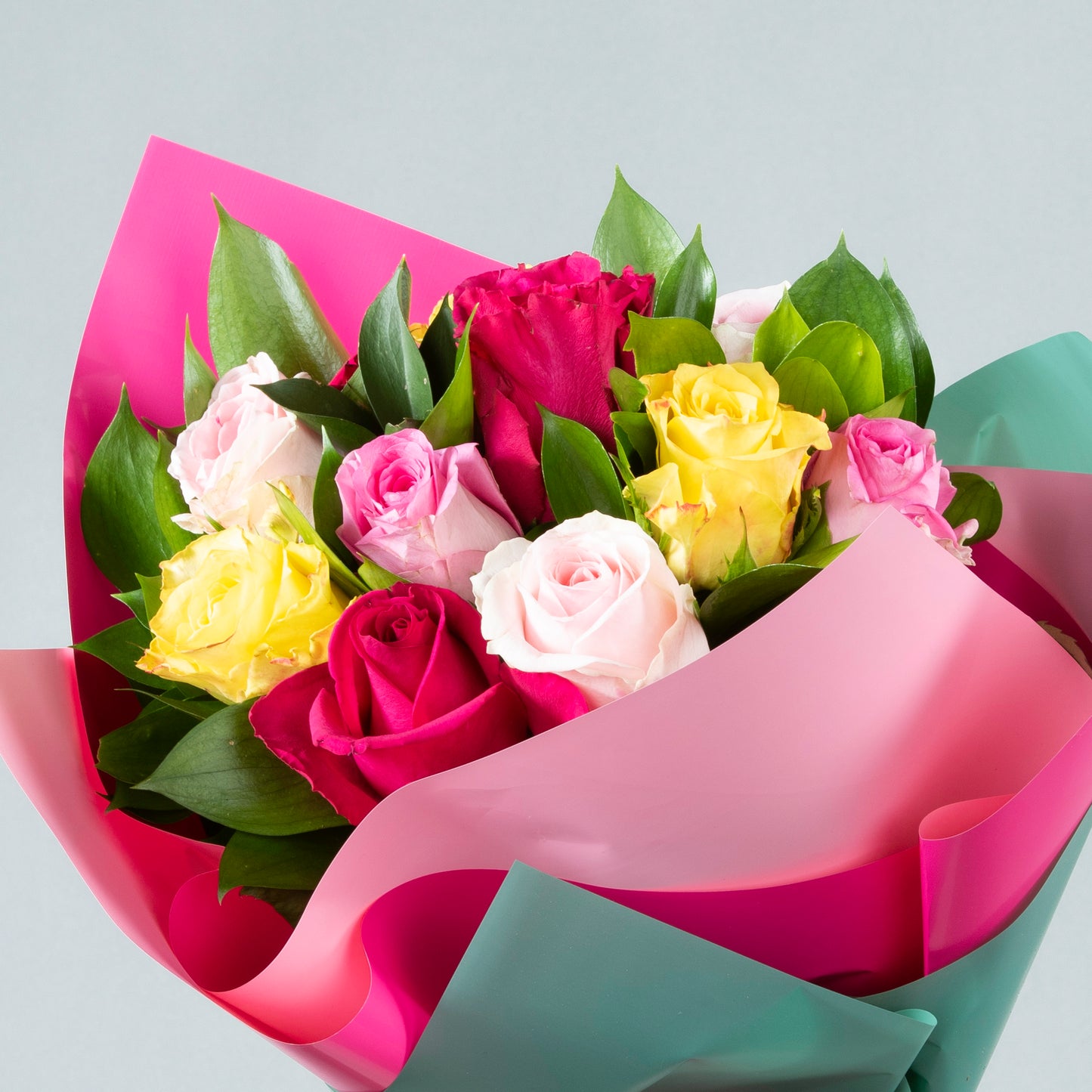 Kaleidoscope Blooms: Dozen Mixed Color Flowers with Greenery