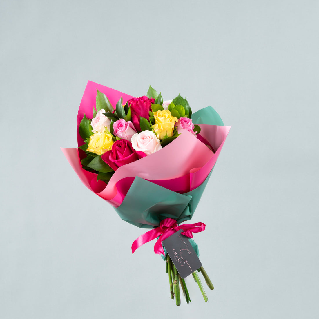 Kaleidoscope Blooms: Dozen Mixed Color Flowers with Greenery