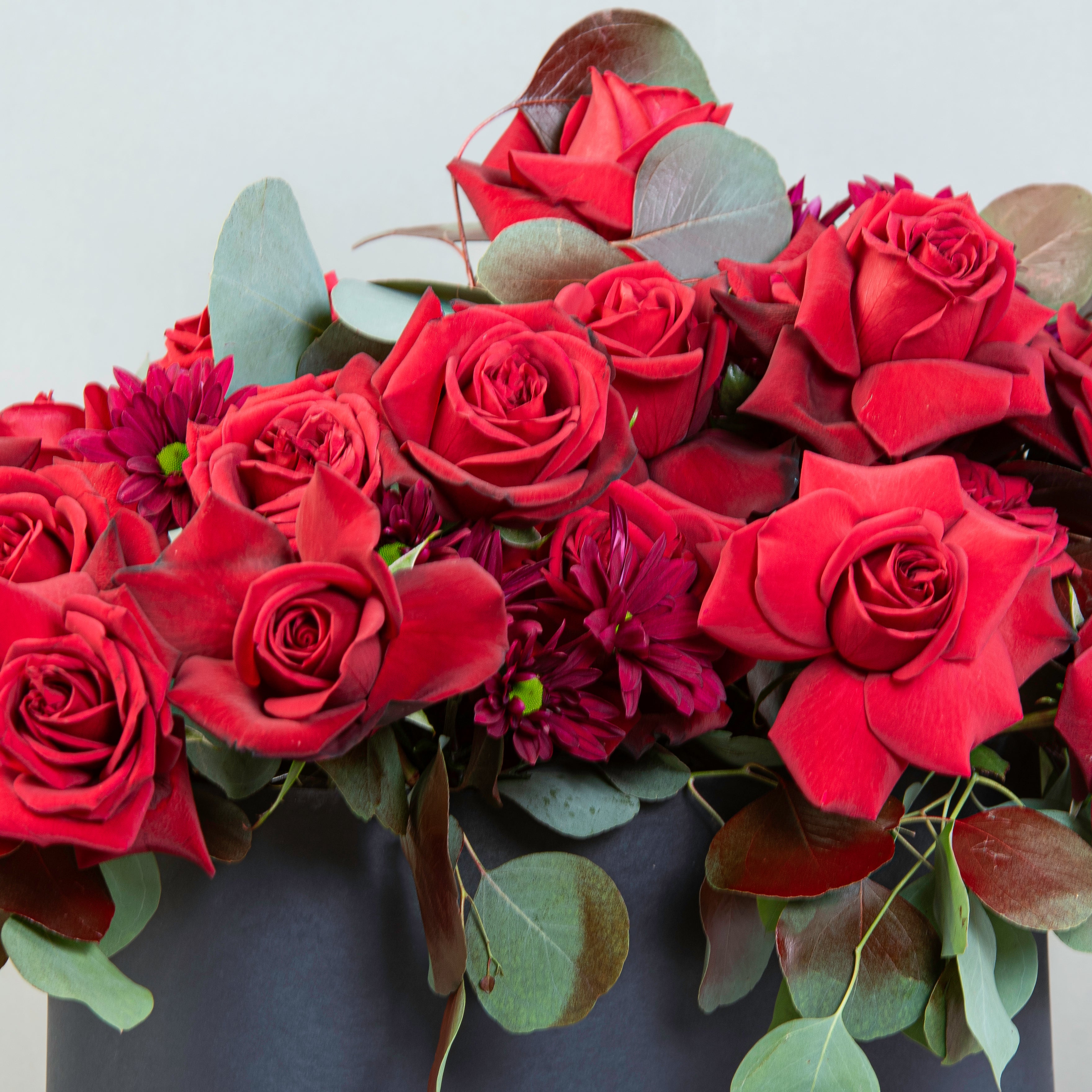 Vivid Romance: Red Roses and Fuchsia Chrysanthemums in Contemporary Box