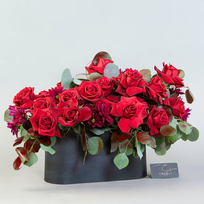 Vivid Romance: Red Roses and Fuchsia Chrysanthemums in Contemporary Box