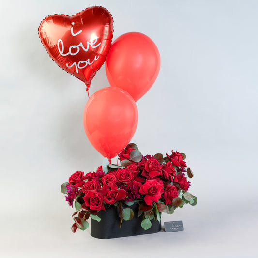 Crimson Radiance: Red Roses and Fuchsia Chrysanthemums in Modern Box